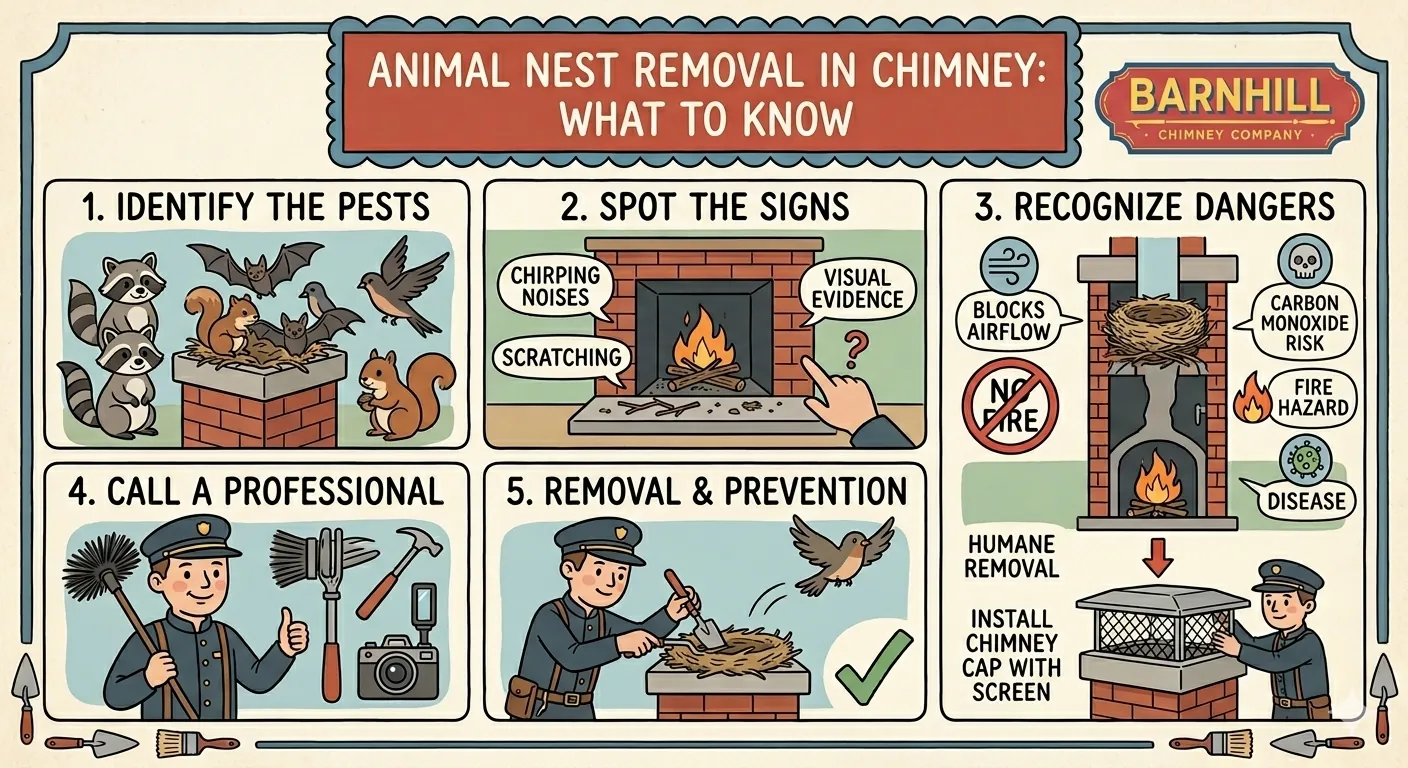 Barnhill Chimney Company infographic titled "Animal Nest Removal in Chimney: What to Know".