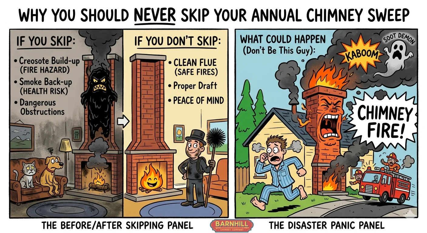 Illustration showing the consequences of skipping an annual chimney sweep from Barnhill Chimney