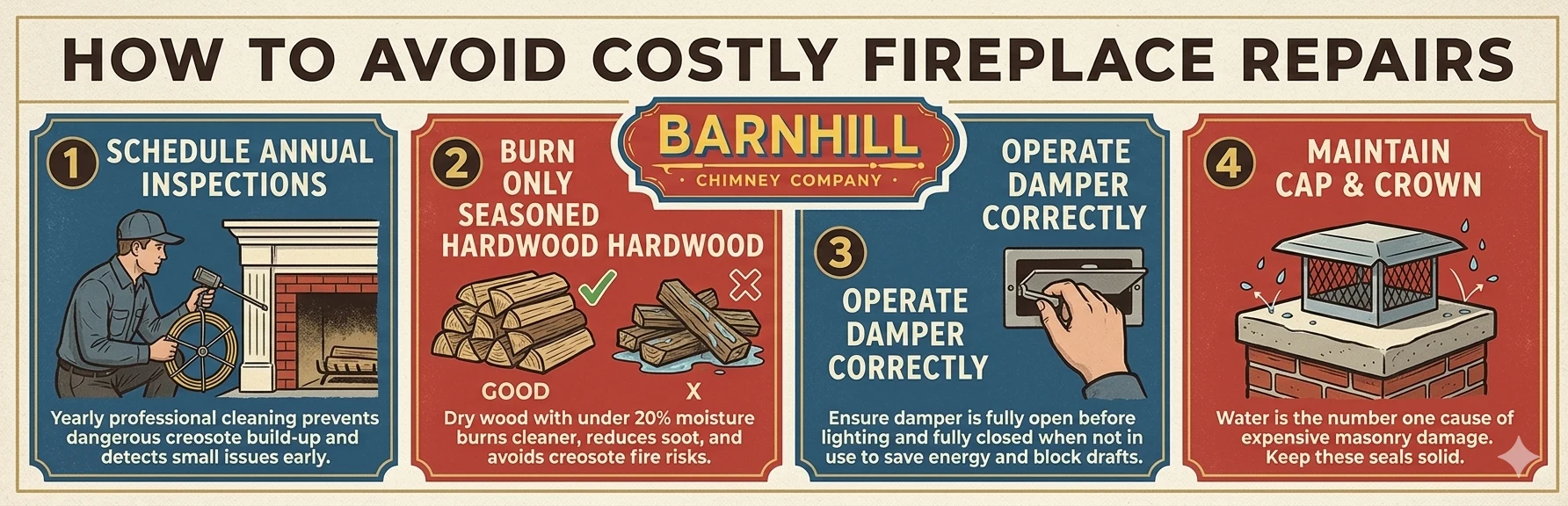 Infographic of Barnhill Chimney&rsquo;s four steps to avoid costly fireplace repairs: annual inspections, burning seasoned hardwood, proper damper operation, and cap and crown maintenance