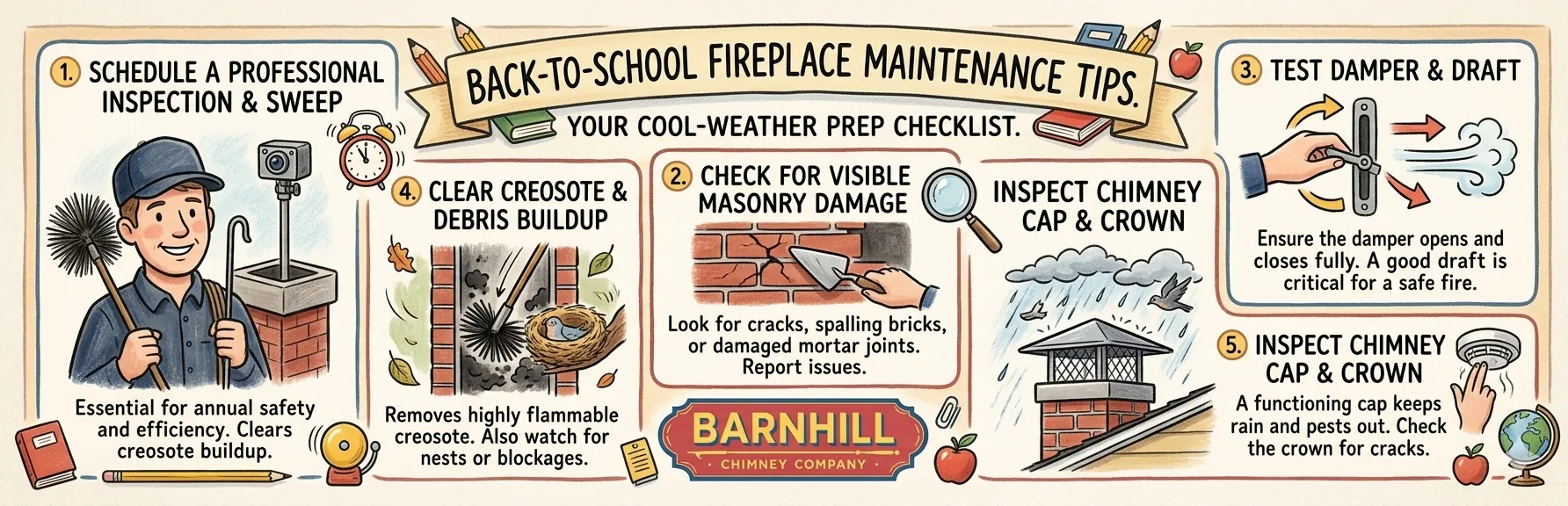 Barnhill Chimney Company infographic titled "Back-to-School Fireplace Maintenance Tips".