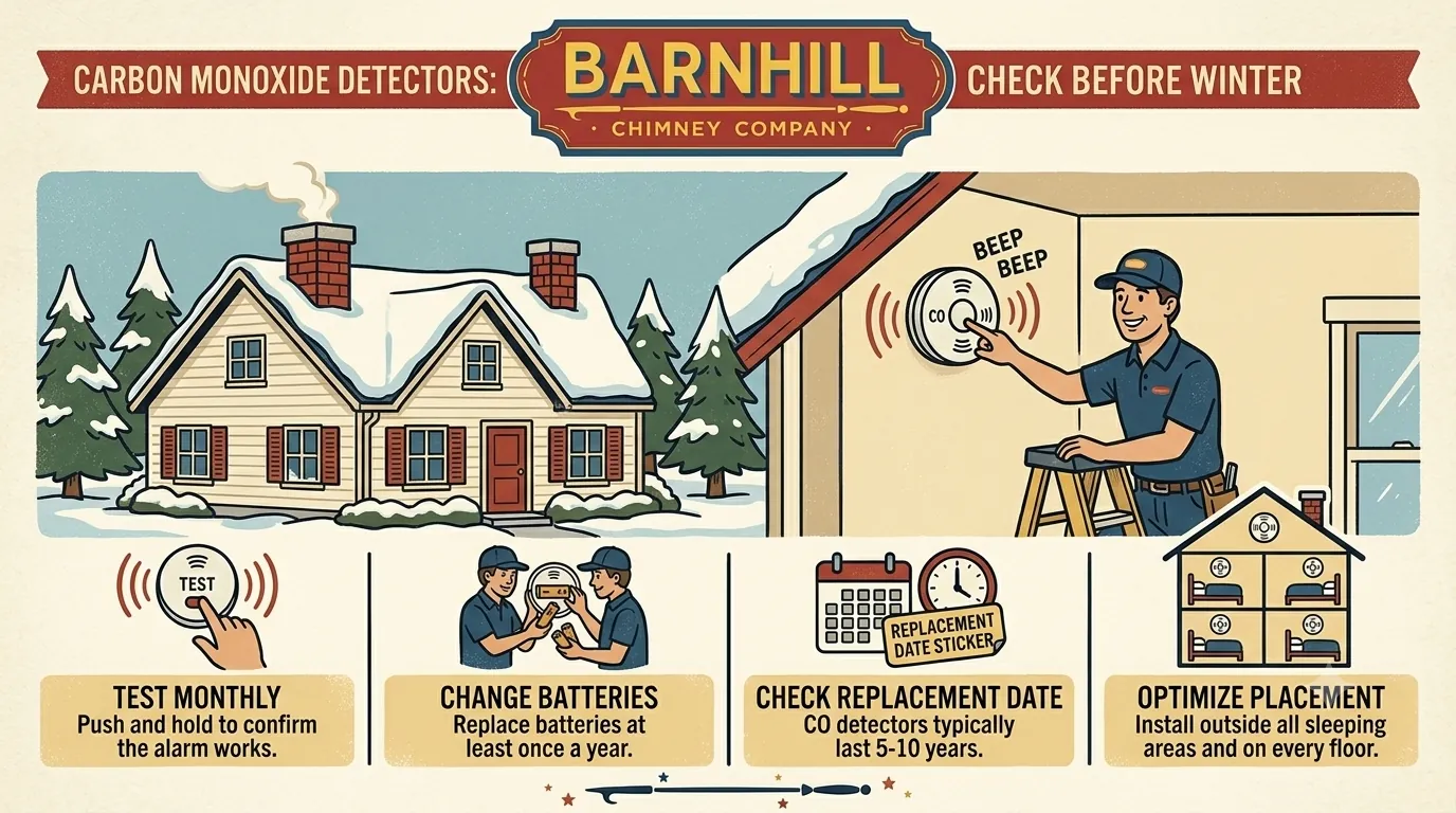 Barnhill Chimney Company infographic titled "Carbon Monoxide Detectors: Check Before Winter".