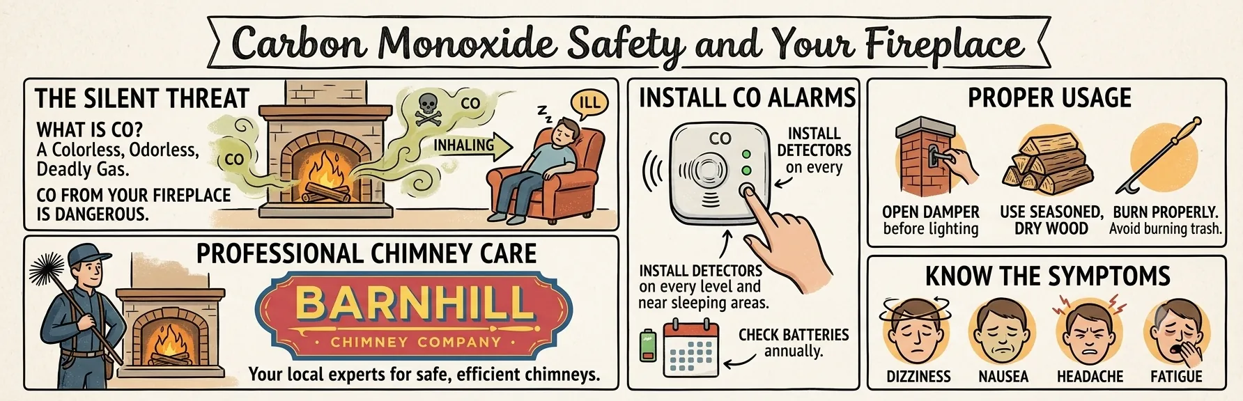 Barnhill Chimney Company infographic titled "Carbon Monoxide Safety and Your Fireplace".