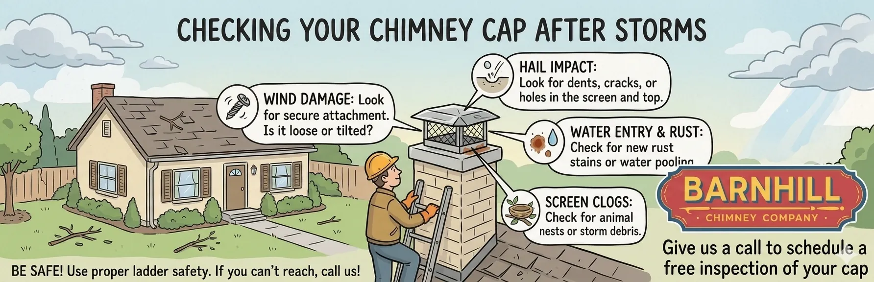 Barnhill Chimney Company infographic titled "Checking Your Chimney Cap After Storms".