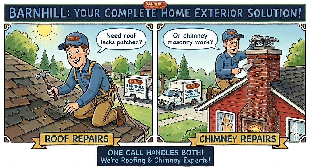 Illustration showing Barnhill Chimney Company handling both roof and chimney repairs in Lexington, KY