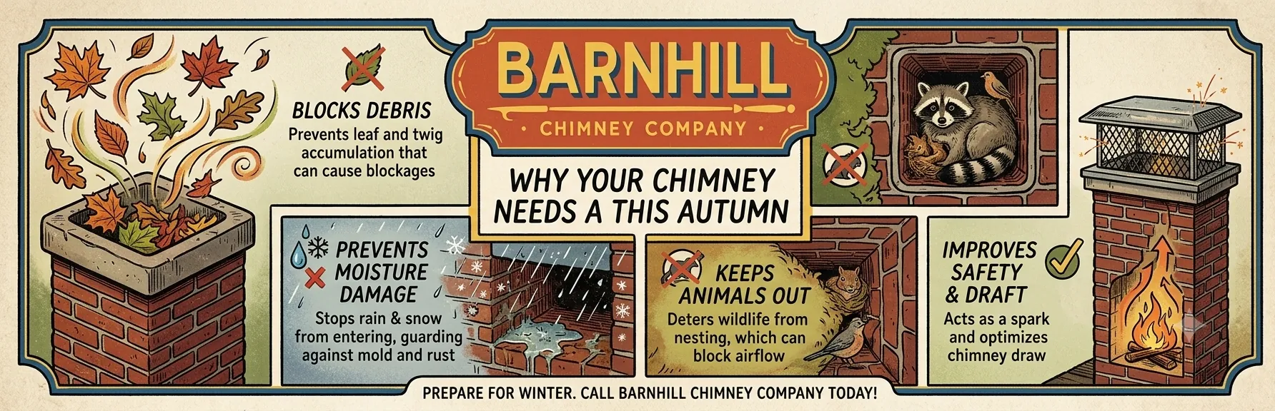 Barnhill Chimney Company infographic titled "Chimney Cap Importance for Autumn Weather".