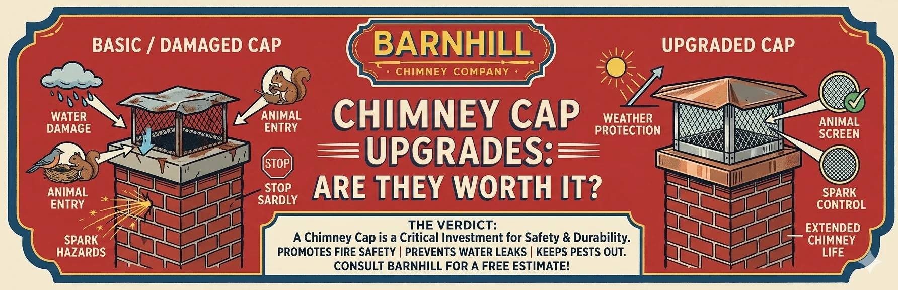 Barnhill Chimney infographic comparing a basic damaged chimney cap to an upgraded one: water protection, animal entry prevention, spark control, and extended chimney life