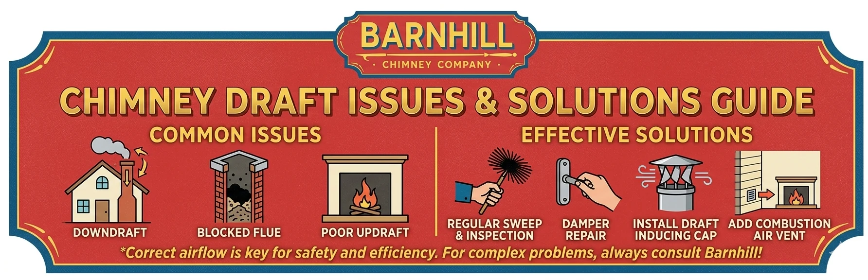 Barnhill Chimney infographic showing common draft issues (downdraft, blocked flue, poor updraft) alongside effective solutions (regular sweep and inspection, damper repair, draft-inducing cap, combustion air vent)