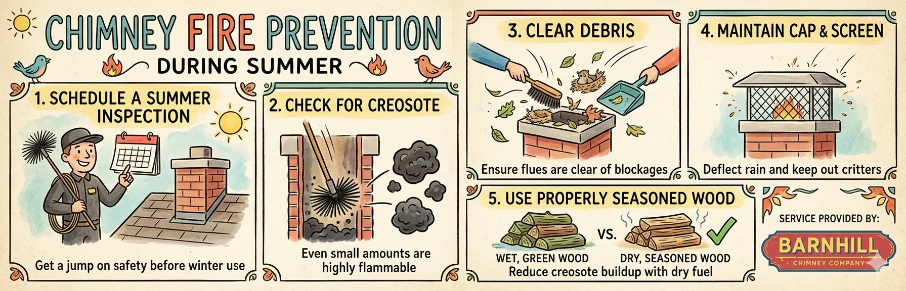 Barnhill Chimney Company infographic, “Chimney Fire Prevention During Summer,” with five tips: schedule a summer inspection, check for creosote, clear debris, maintain the cap and screen, and use properly seasoned wood.