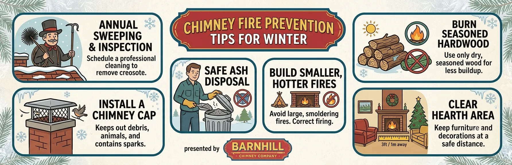 Barnhill Chimney Company infographic titled "Chimney Fire Prevention Tips for Winter".