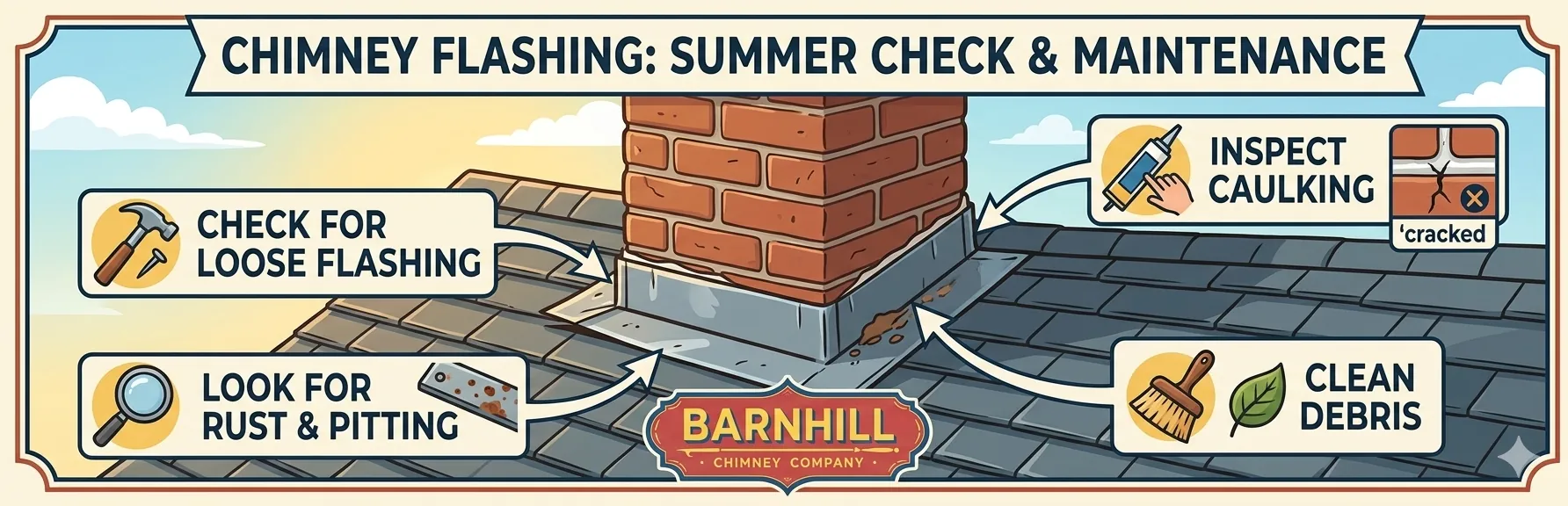 Barnhill Chimney Company infographic titled "Chimney Flashing: Summer Check and Maintenance".