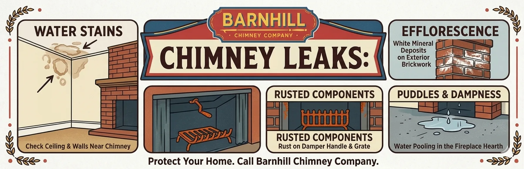 Water stains and damaged flashing around a chimney signaling a chimney leak