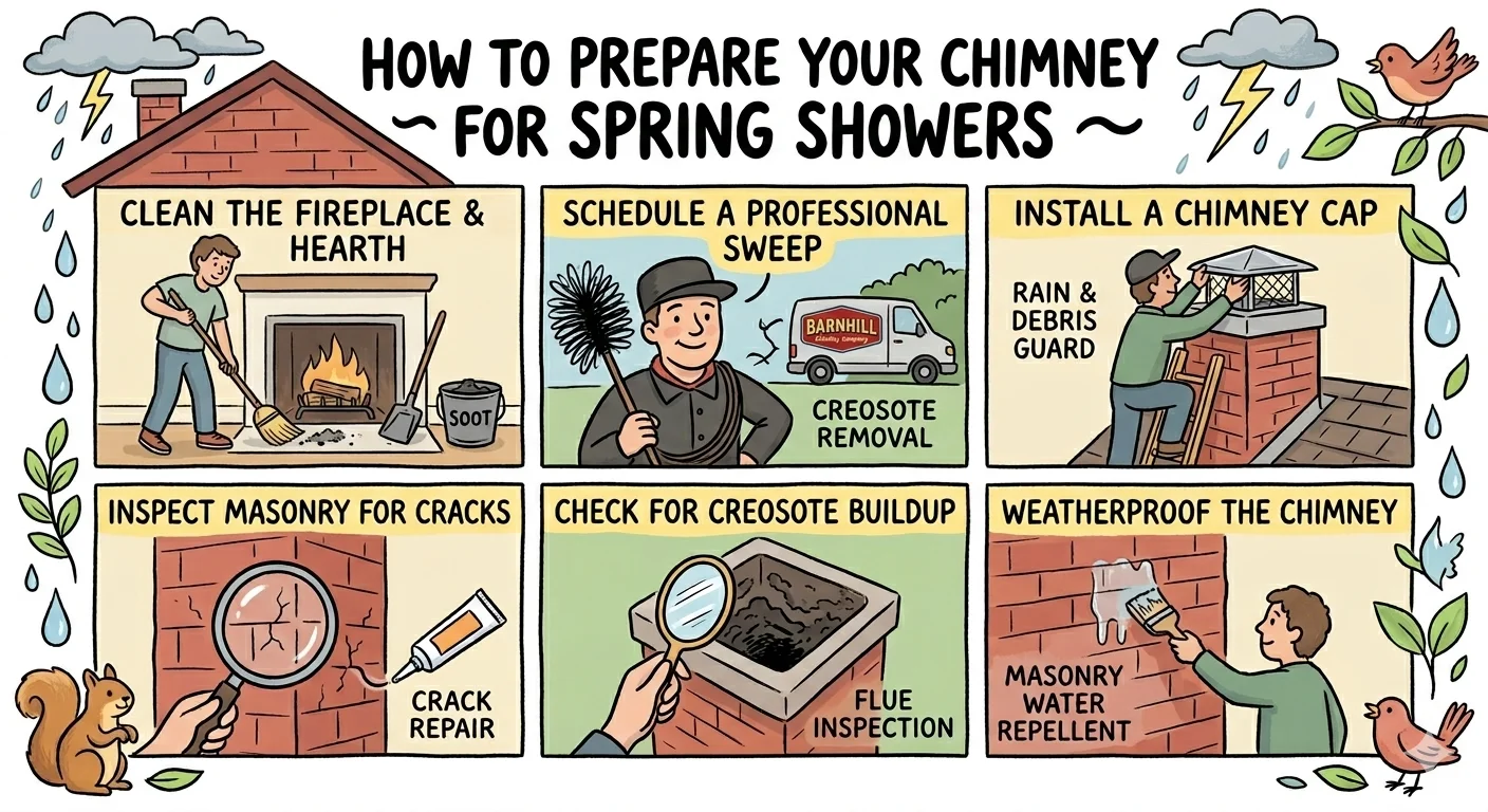 Illustration showing six steps to prepare a chimney for spring showers from Barnhill Chimney