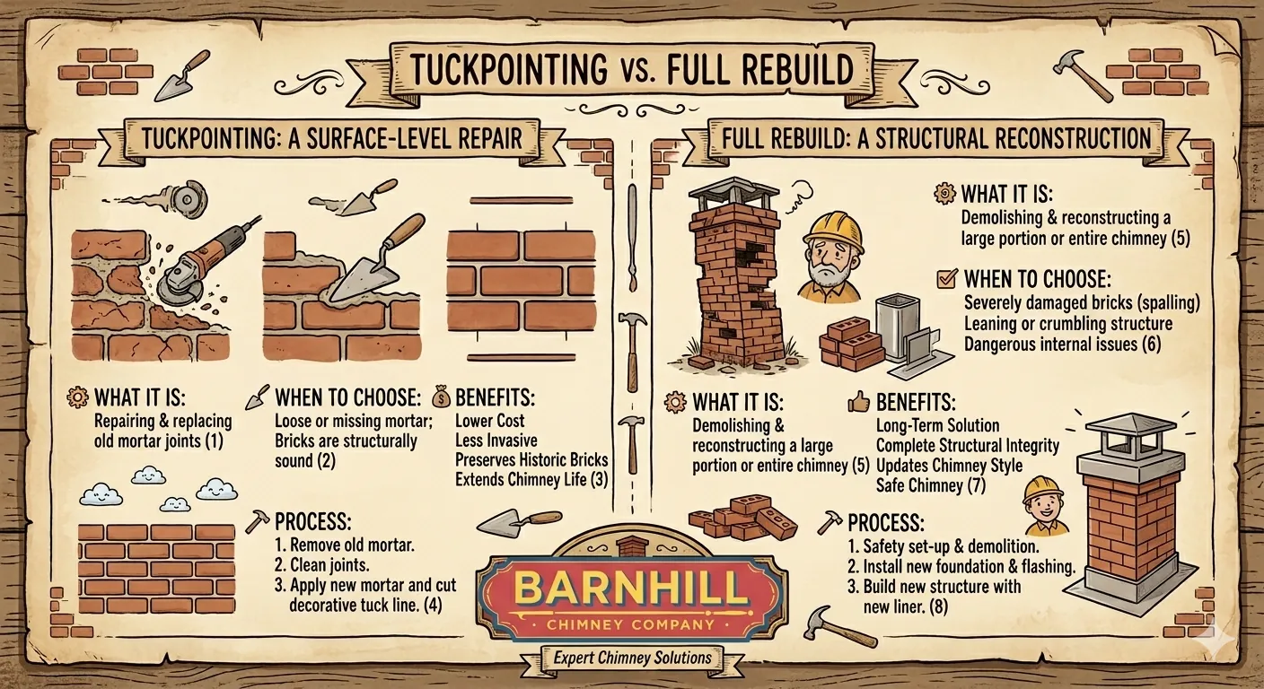Barnhill Chimney Company infographic titled "Chimney Tuckpointing vs. Full Rebuild".