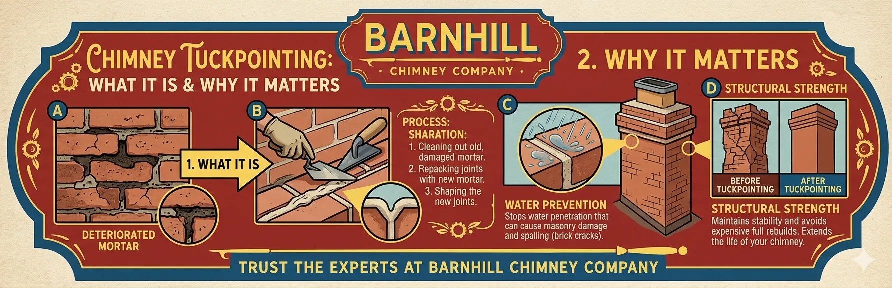 Barnhill Chimney Company infographic titled "Chimney Tuckpointing: What It Is and Why It Matters".
