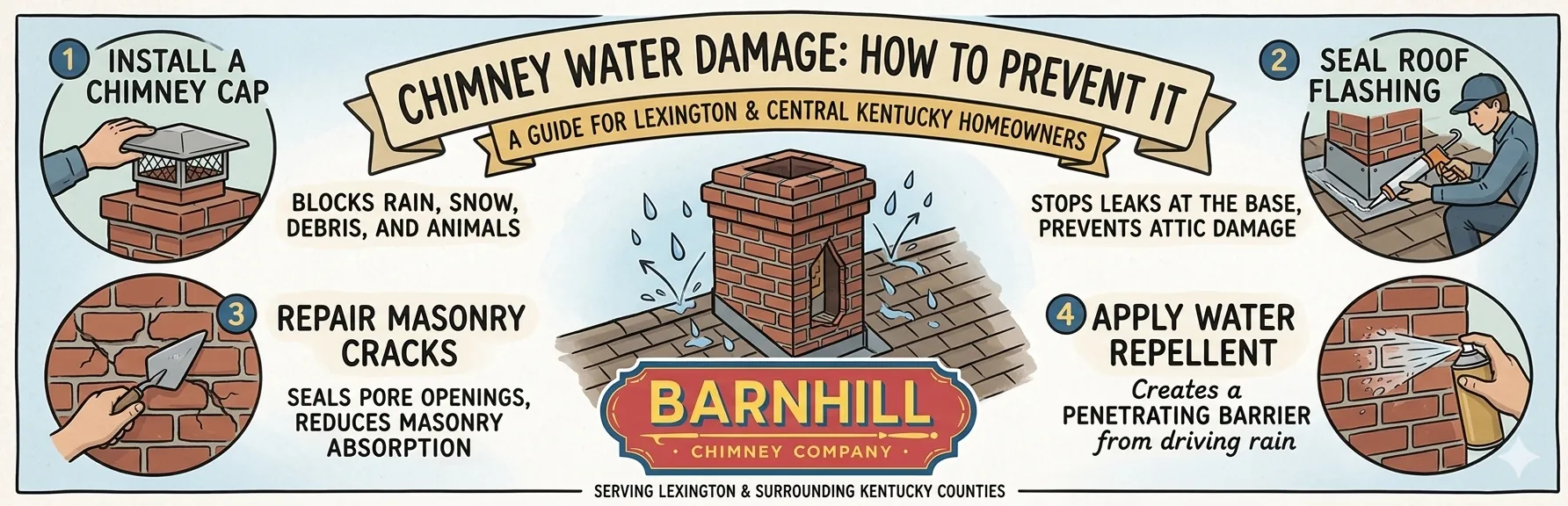 Barnhill Chimney Company infographic titled "Chimney Water Damage: How to Prevent It".
