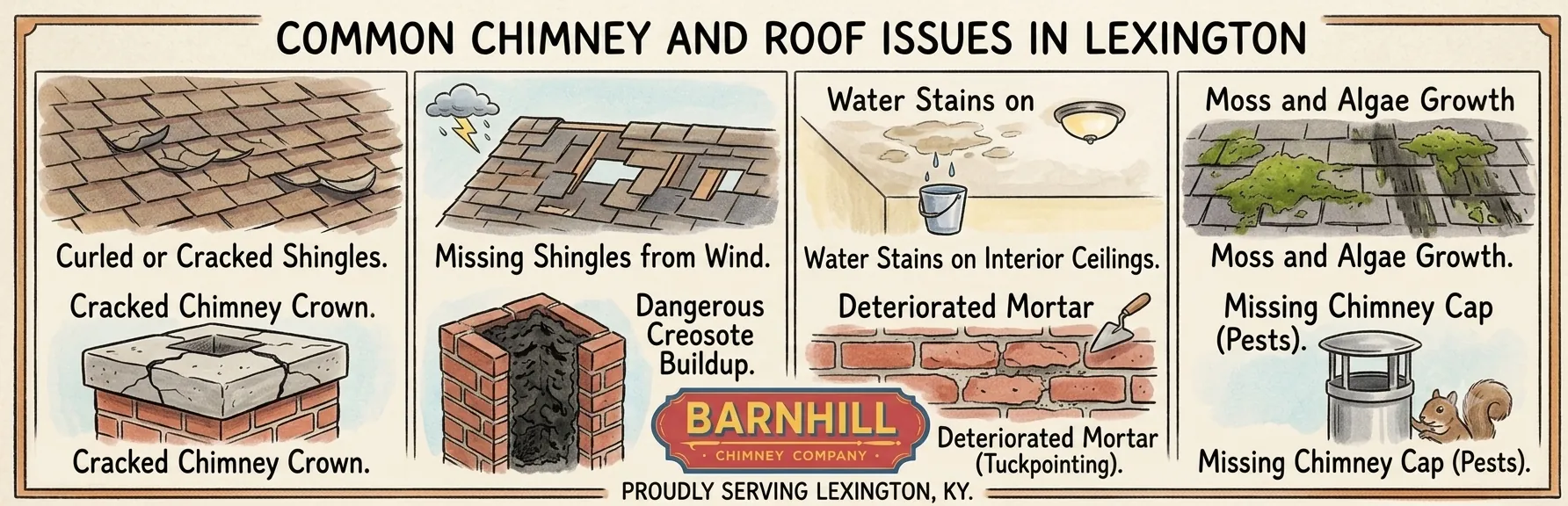 Barnhill Chimney Company infographic titled "Common Chimney and Roof Issues in Lexington".