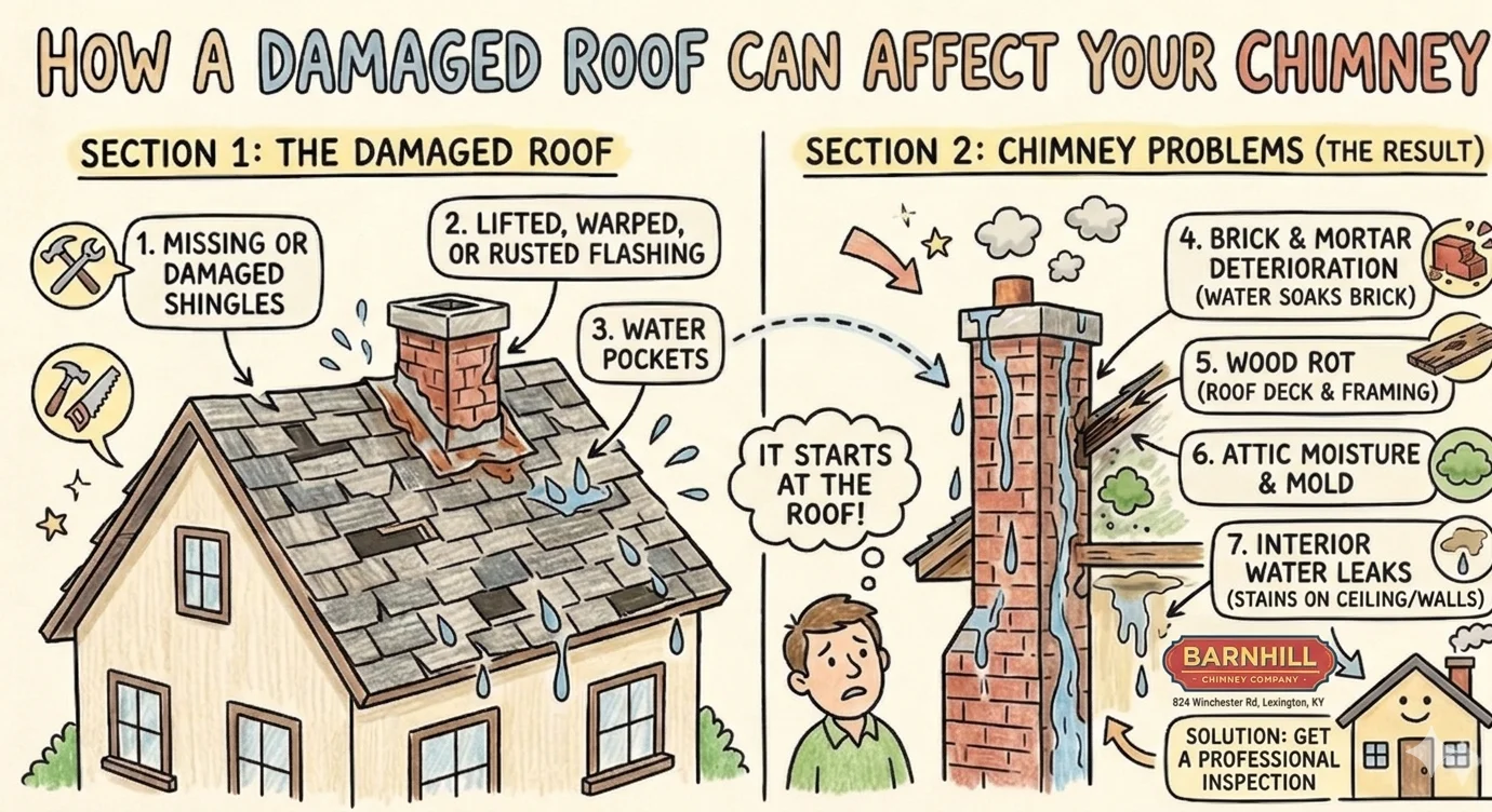 Illustration showing how a damaged roof leads to chimney problems from Barnhill Chimney