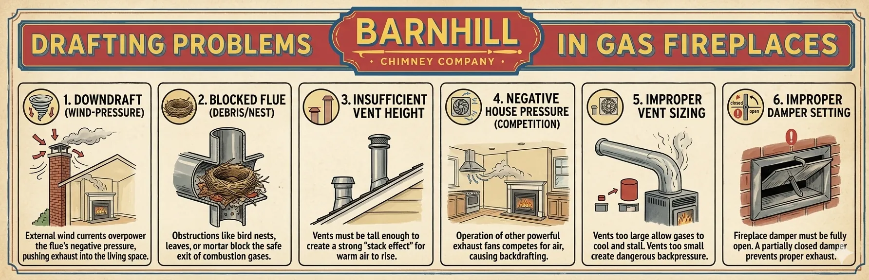 Barnhill Chimney Company infographic titled "Drafting Problems in Gas Fireplaces".