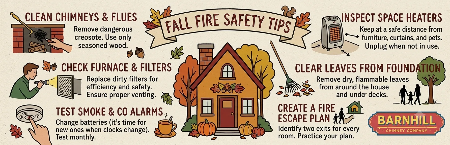 Barnhill Chimney Company infographic titled "Fall Fire Safety Tips".
