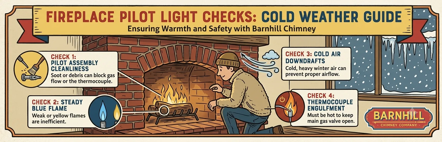 Barnhill Chimney Company infographic titled "Fireplace Pilot Light Checks in Cold Weather".