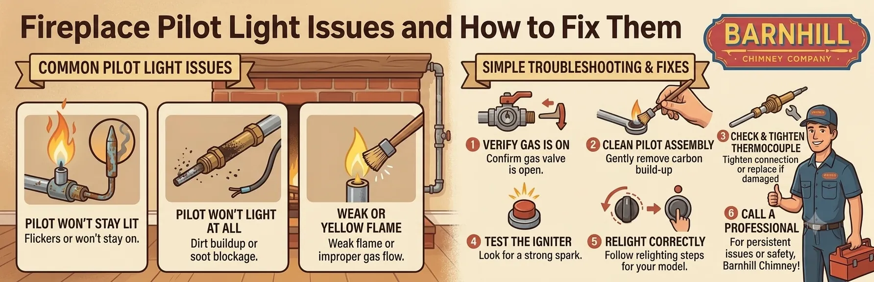 Barnhill Chimney Company infographic titled "Fireplace Pilot Light Issues and How to Fix Them".