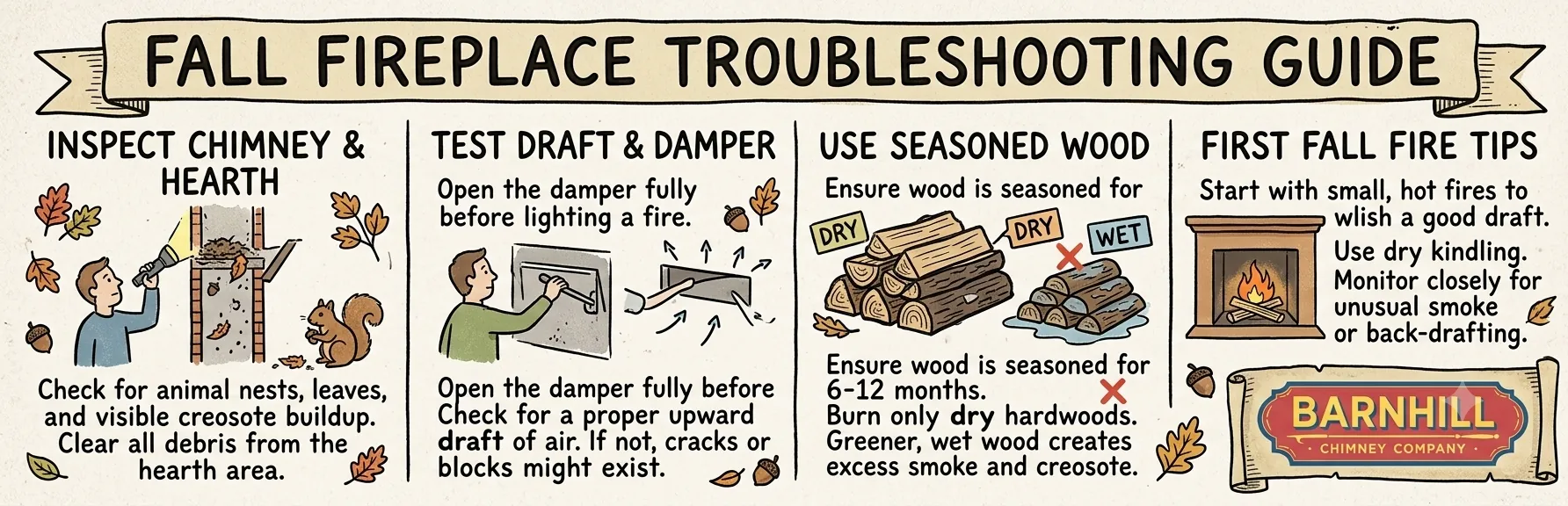Barnhill Chimney Company infographic titled "Fireplace Troubleshooting During Fall".