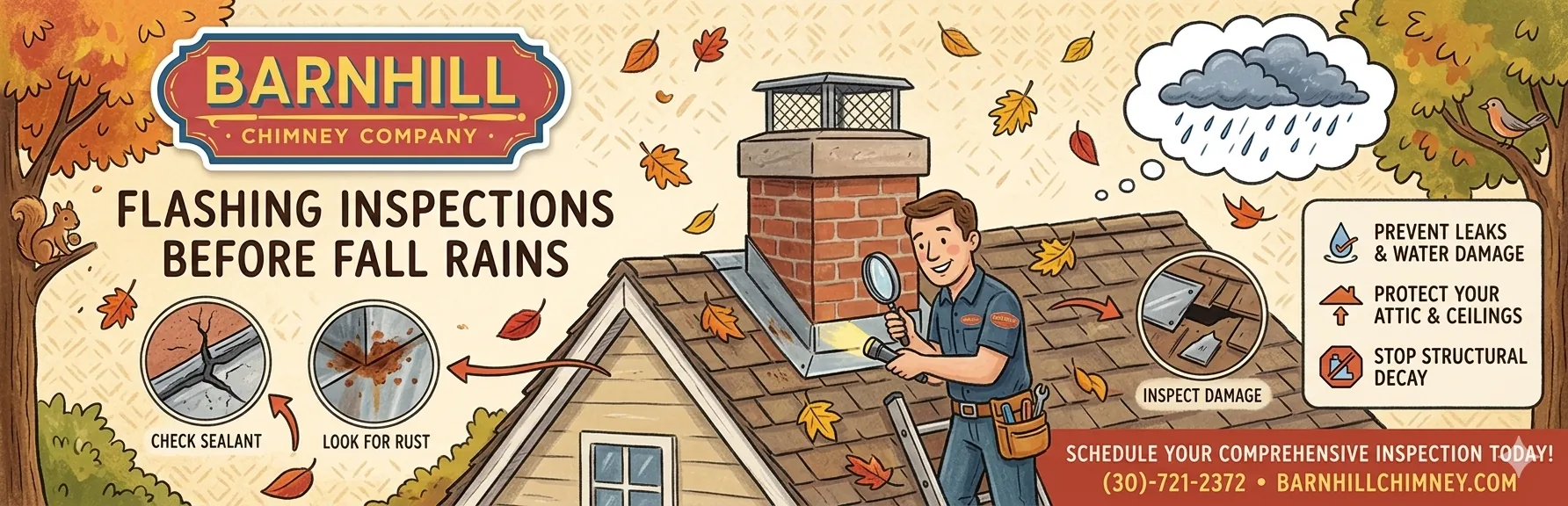 Barnhill Chimney Company infographic titled "Flashing Inspections Before Fall Rains".