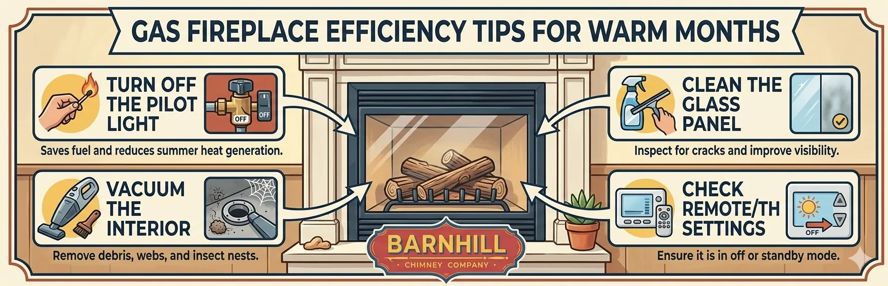 Barnhill Chimney Company infographic titled "Gas Fireplace Efficiency Tips for Summer Months".