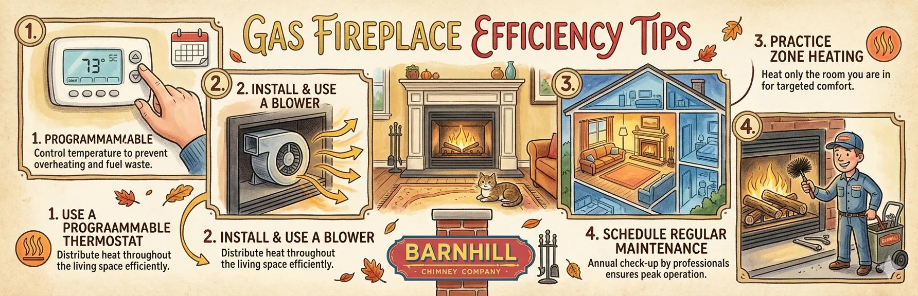 Barnhill Chimney Company infographic titled "Gas Fireplace Efficiency Tips".