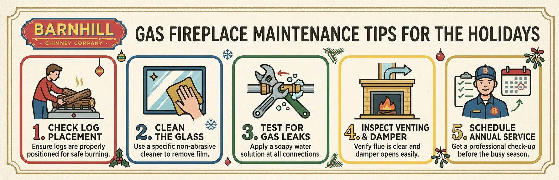 Barnhill Chimney Company infographic titled "Gas Fireplace Maintenance Tips for the Holidays".