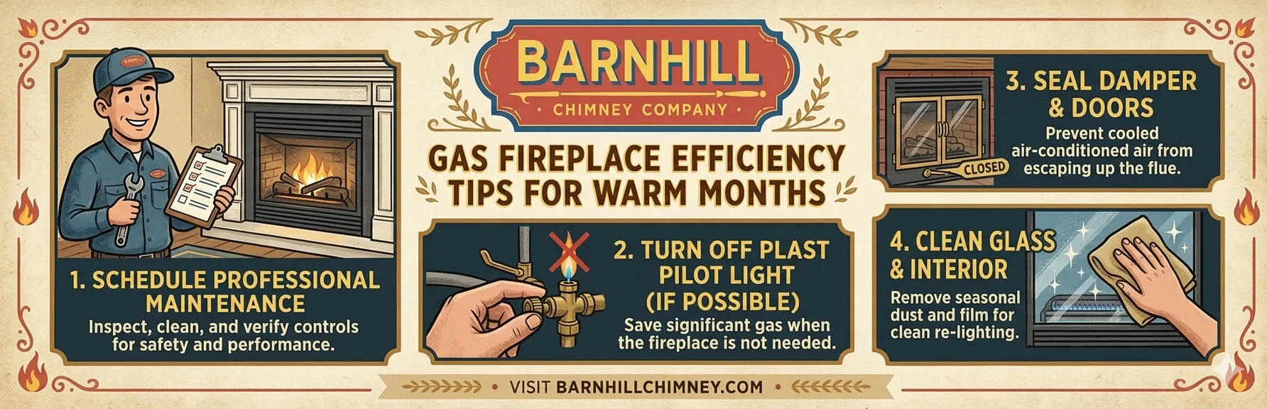 Modern gas fireplace turned off during the summer with damper closed for energy efficiency