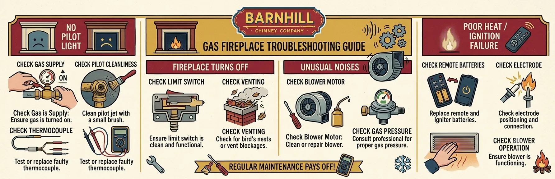 Barnhill Chimney Company infographic titled "Gas Fireplace Troubleshooting Guide".