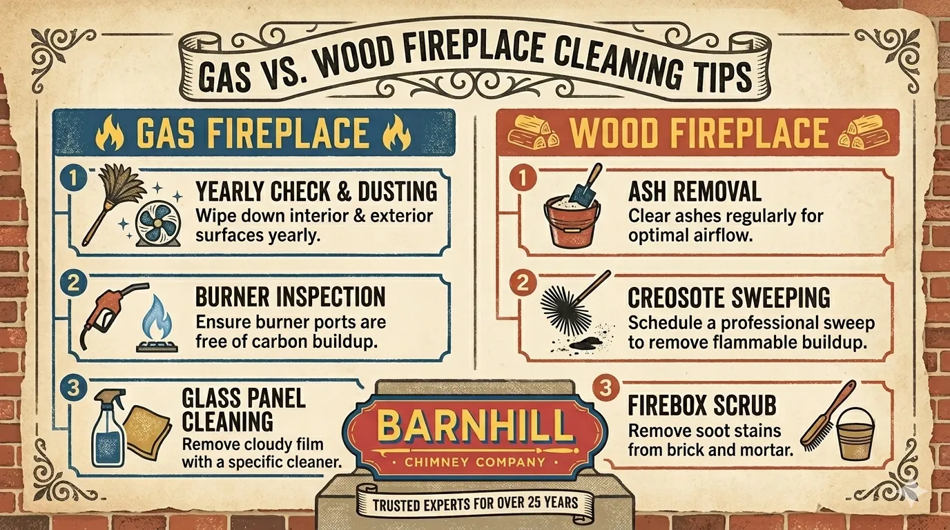 Barnhill Chimney Company infographic titled "Gas vs. Wood Fireplace Cleaning Tips".