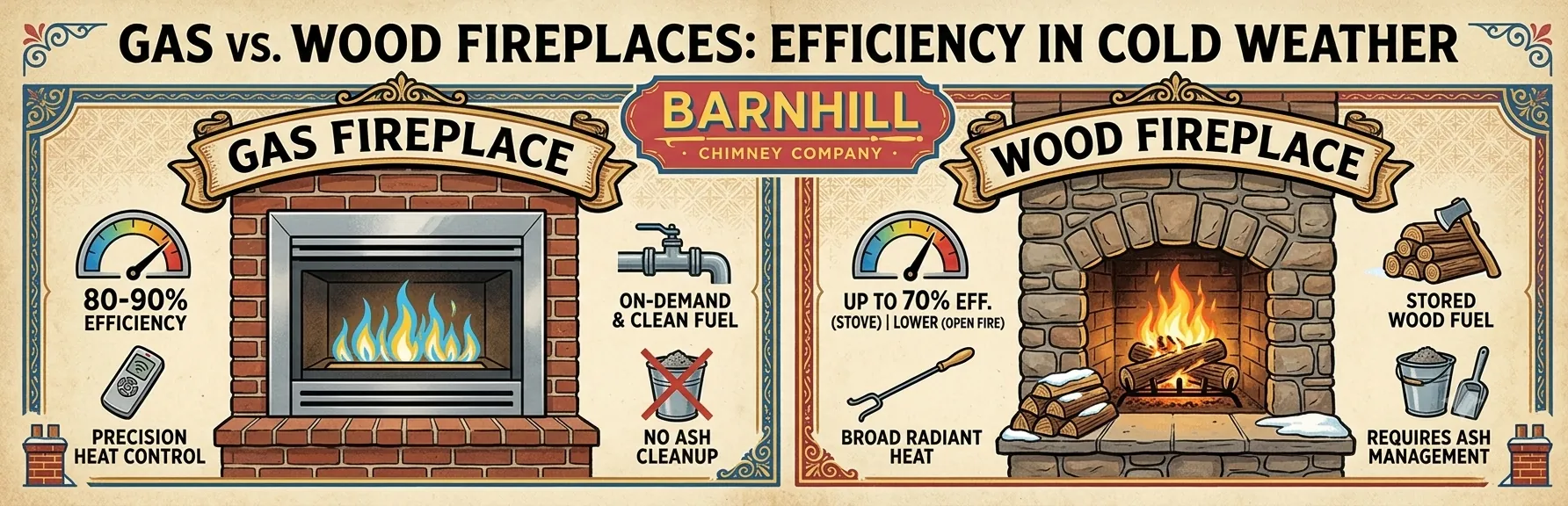 Barnhill Chimney Company infographic titled "Gas vs. Wood Fireplaces: Efficiency in Cold Weather".