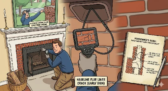 Illustration of a technician using a camera scope to spot hidden chimney damage like a hairline flue liner crack
