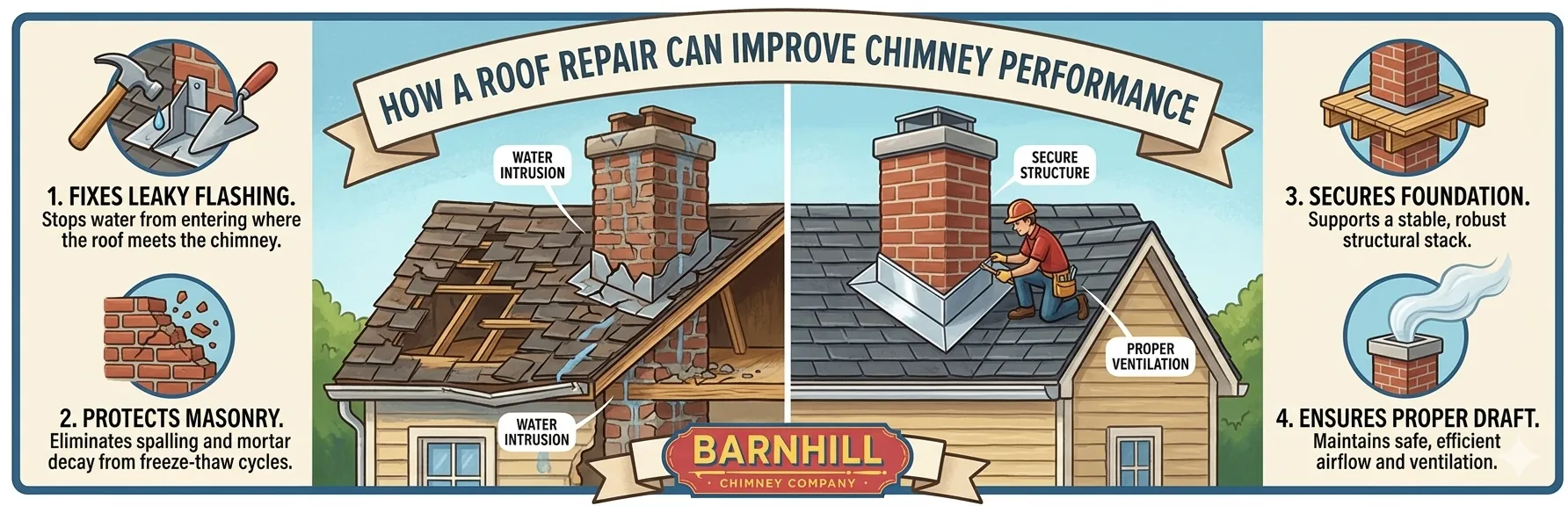 Barnhill Chimney Company infographic titled "How a Roof Repair Can Improve Chimney Performance".