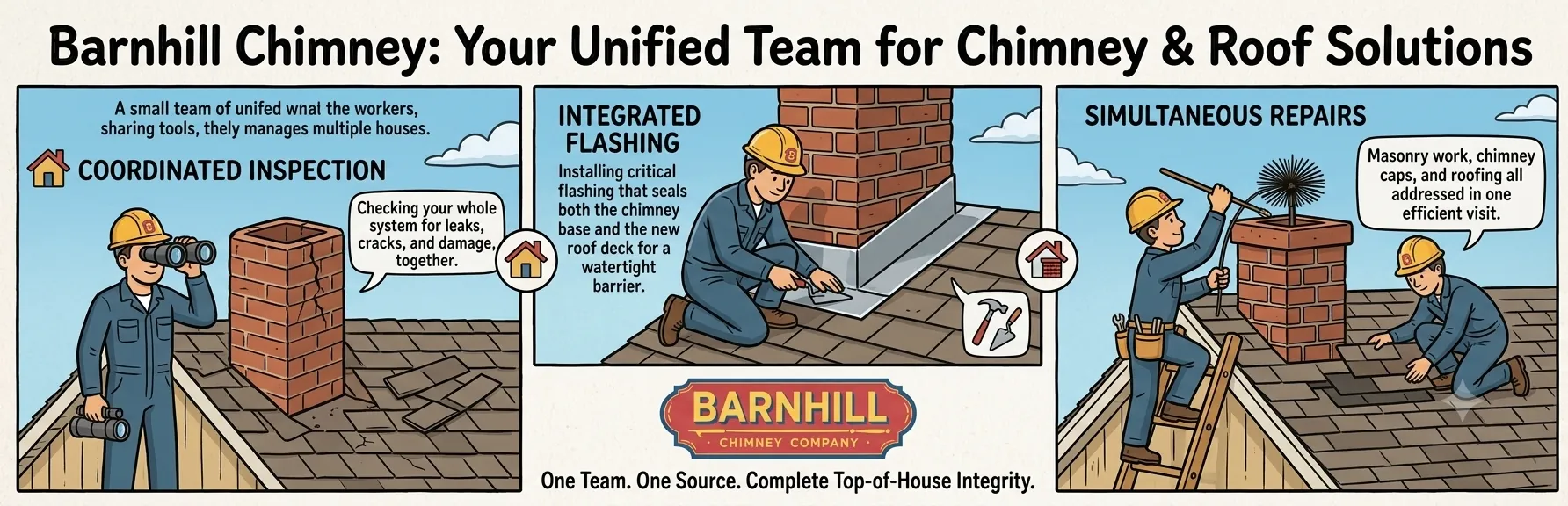 Barnhill Chimney Company infographic titled "How Barnhill Chimney Company Can Handle Chimney and Roof Issues Together".
