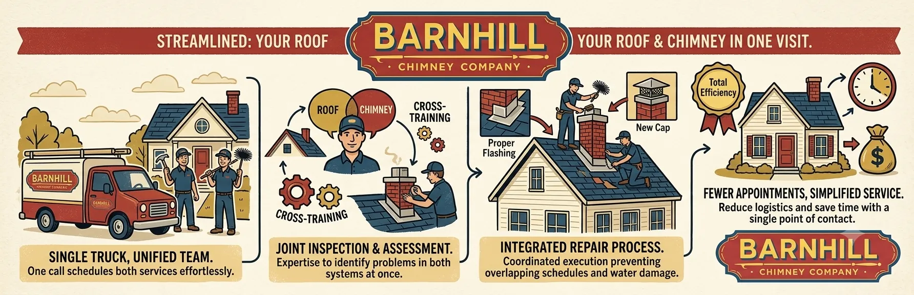 Barnhill Chimney Company infographic titled "How Barnhill Chimney Company Can Handle Roof and Chimney in One Visit".
