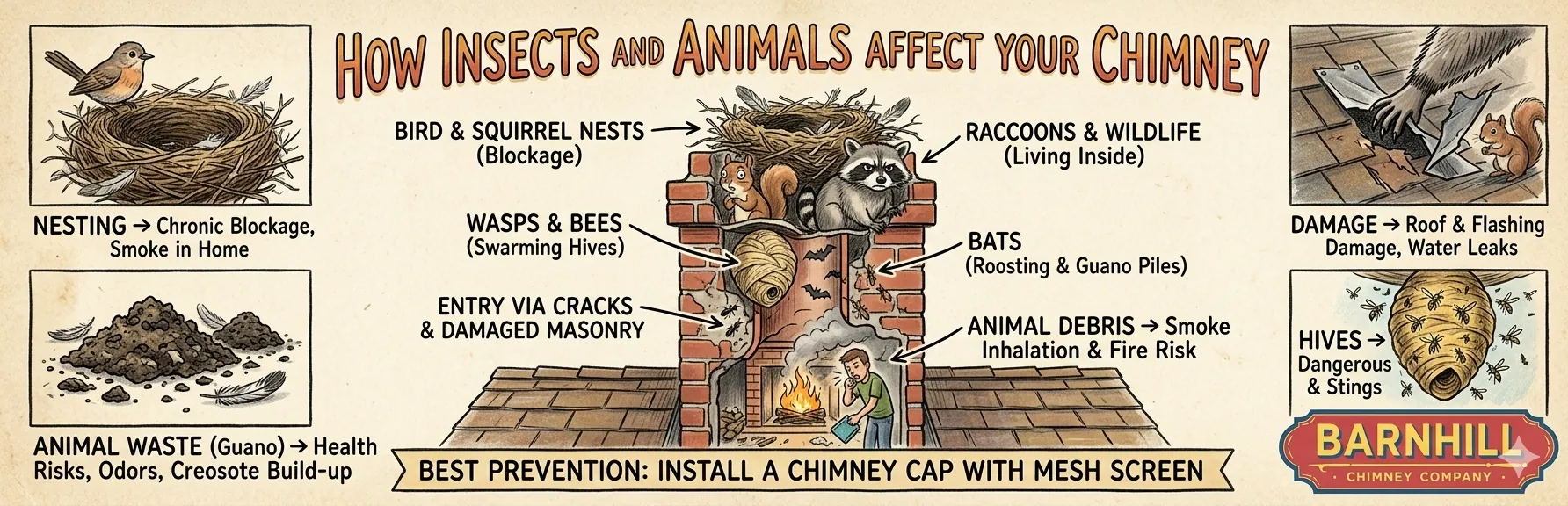Barnhill Chimney Company infographic titled "How Insects and Animals Affect Your Chimney".