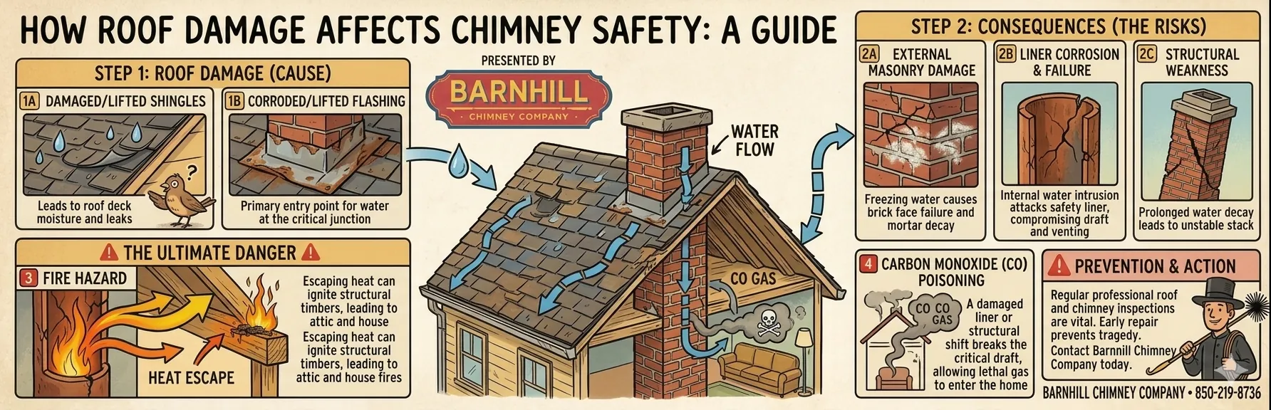 Barnhill Chimney Company infographic titled "How Roof Damage Affects Chimney Safety".