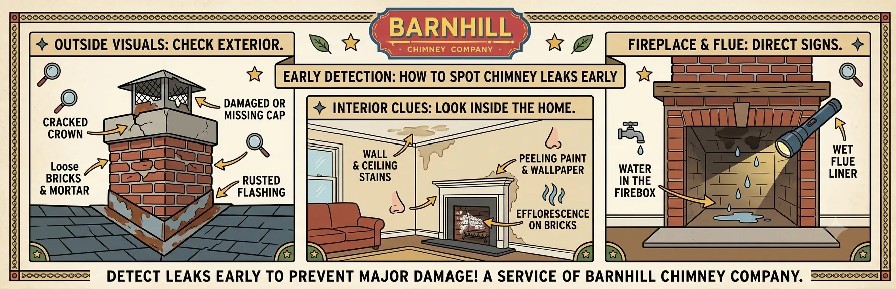 Barnhill Chimney Company infographic titled "How to Detect Chimney Leaks Early".