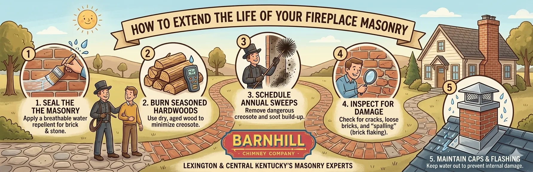 Barnhill Chimney Company infographic titled "How to Extend the Life of Your Fireplace Masonry".