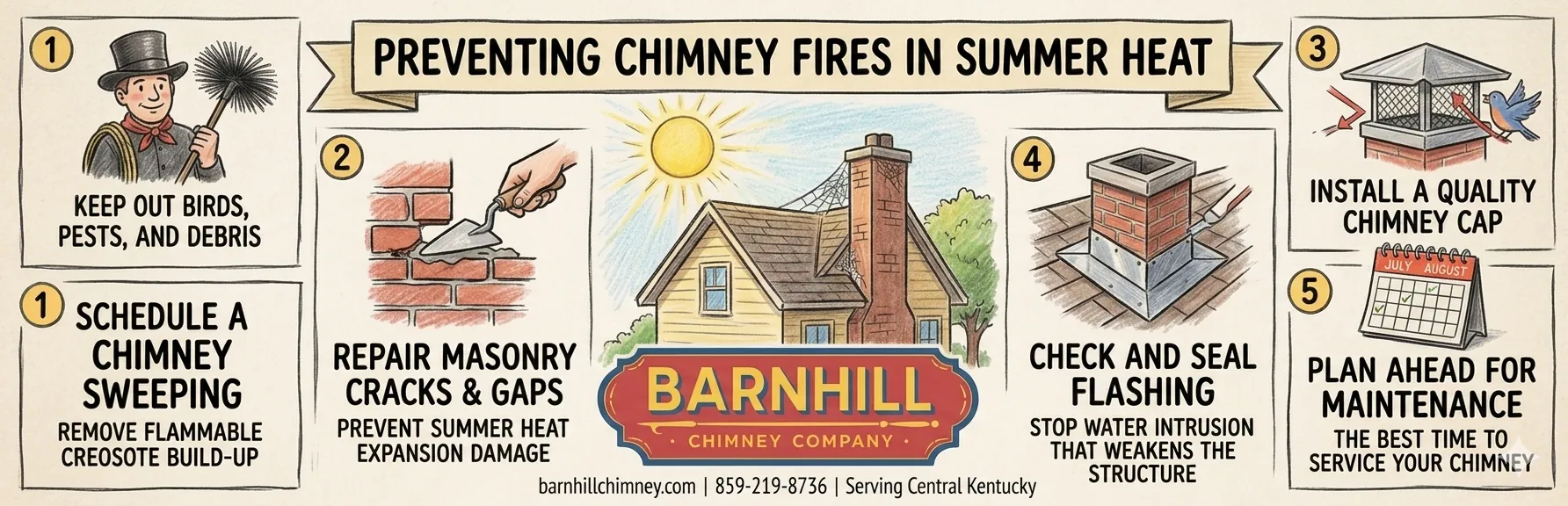 Barnhill Chimney Company infographic titled "How to Prevent Chimney Fires in Summer Heat".