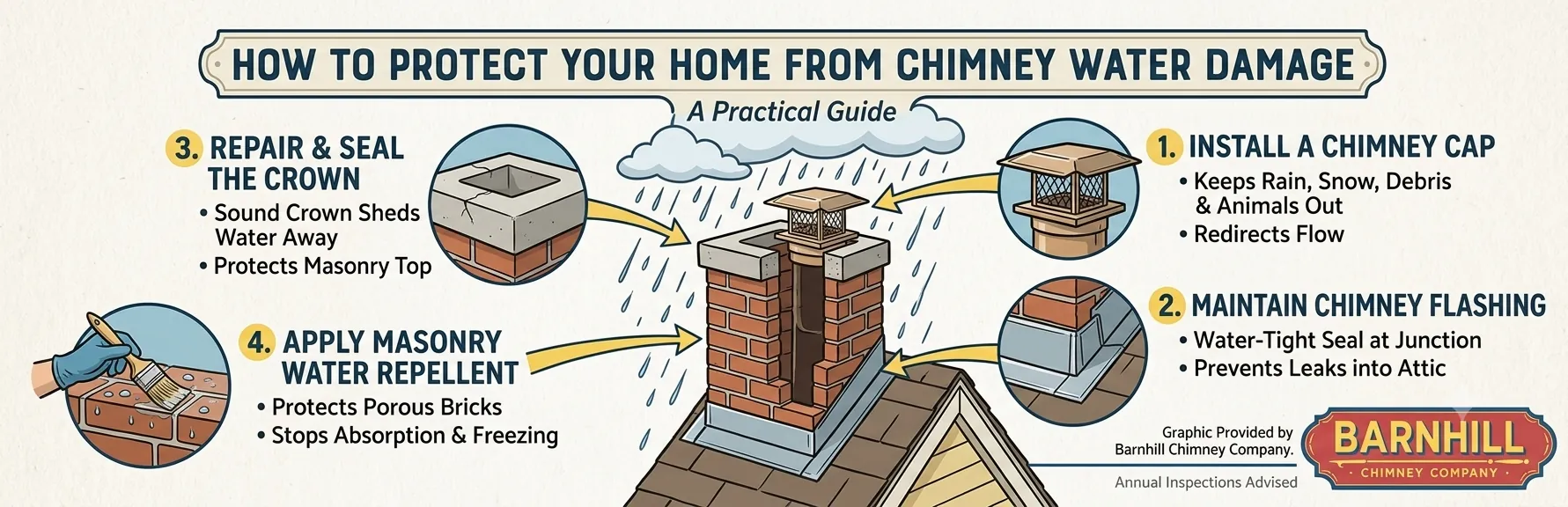 Barnhill Chimney Company infographic titled "How to Protect Your Home from Chimney Water Damage".