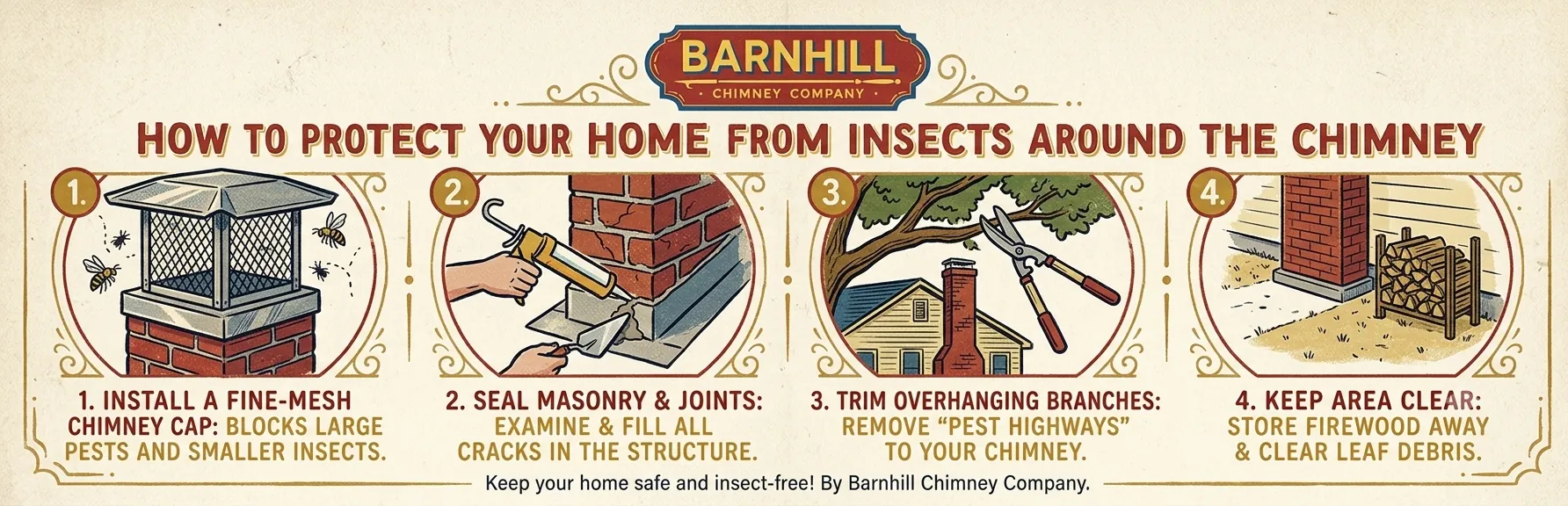 Barnhill Chimney Company infographic titled "How to Protect Your Home from Insects Around the Chimney".