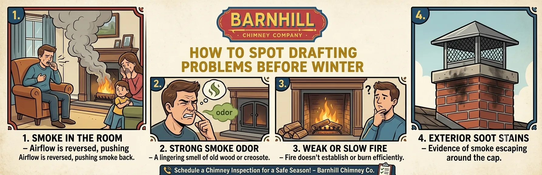 Barnhill Chimney Company infographic titled "How to Spot Drafting Problems Before Winter".