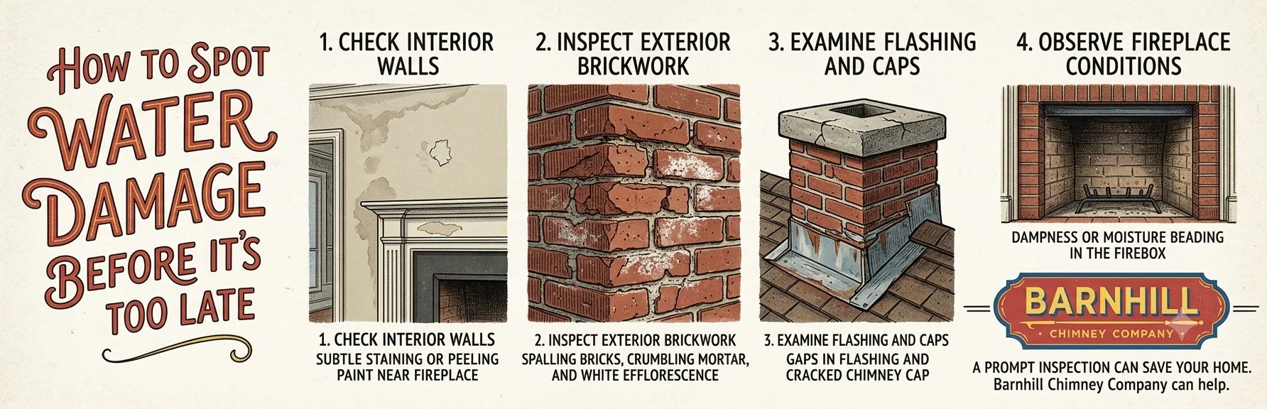 Barnhill Chimney Company infographic titled "How to Spot Water Damage Before It’s Too Late".