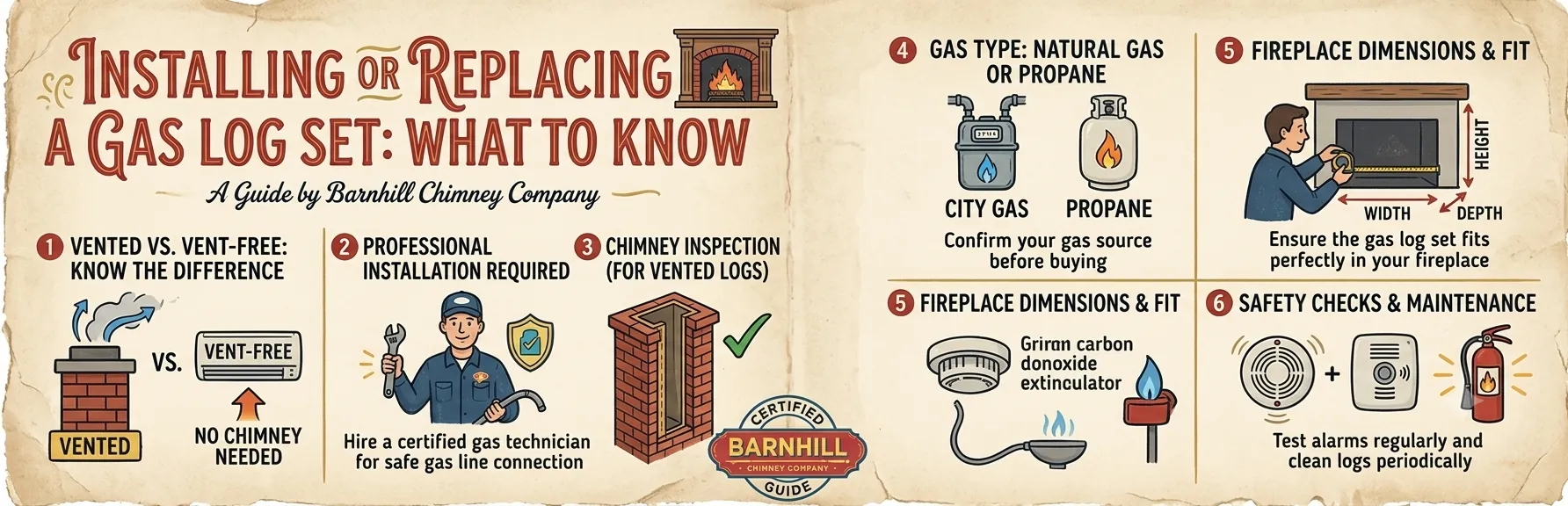 Barnhill Chimney Company infographic titled "Installing or Replacing a Gas Log Set: What to Know".