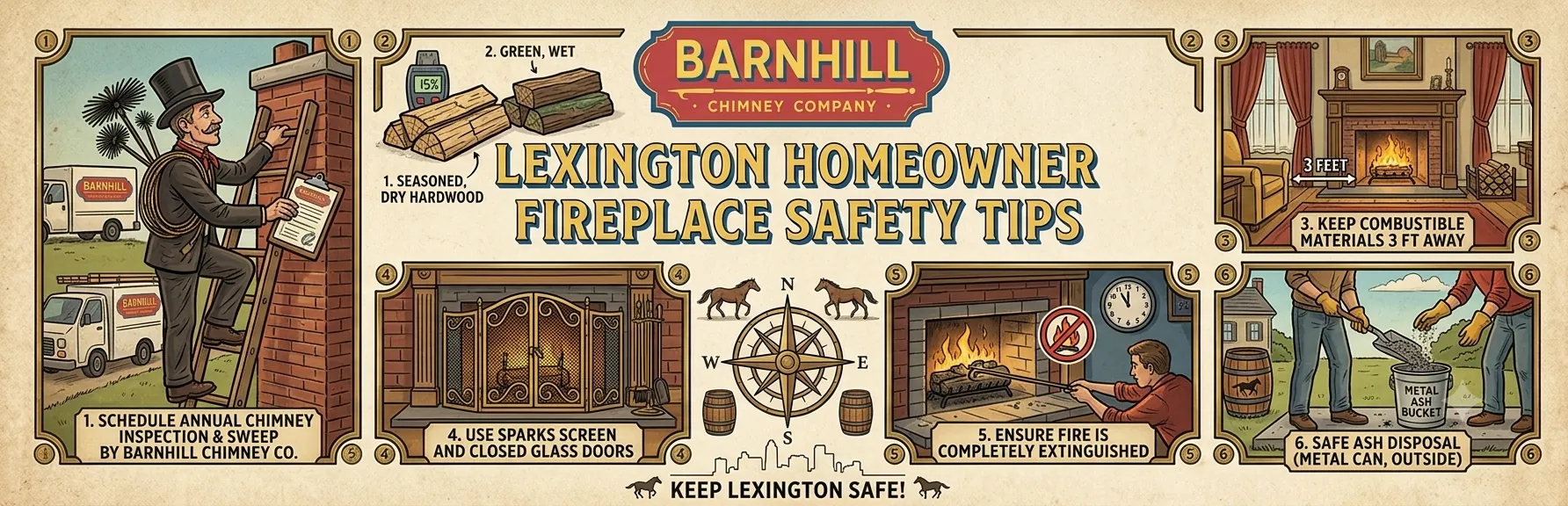 Barnhill Chimney Company infographic titled "Lexington Homeowner Fireplace Safety Tips".