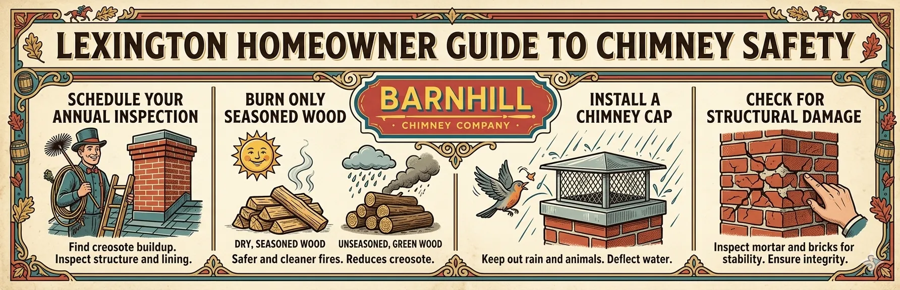 Barnhill Chimney Company infographic, “Lexington Homeowner Guide to Chimney Safety,” with four tips: schedule your annual inspection, burn only seasoned wood, install a chimney cap, and check for structural damage.